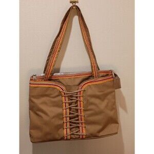 Vanity Fair Tan Shoulder Bag Vintage 1970s Bohemian Hippie Rainbow Trim